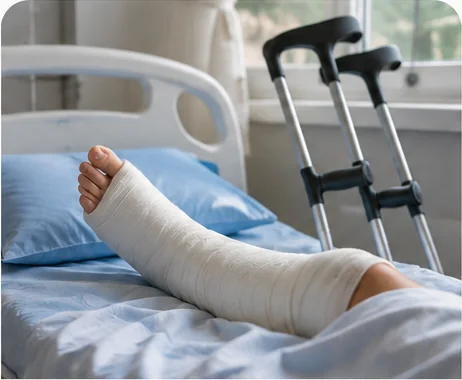 Klientka po zabiegu z nogą unieruchomioną w pozycji wyprostowanej