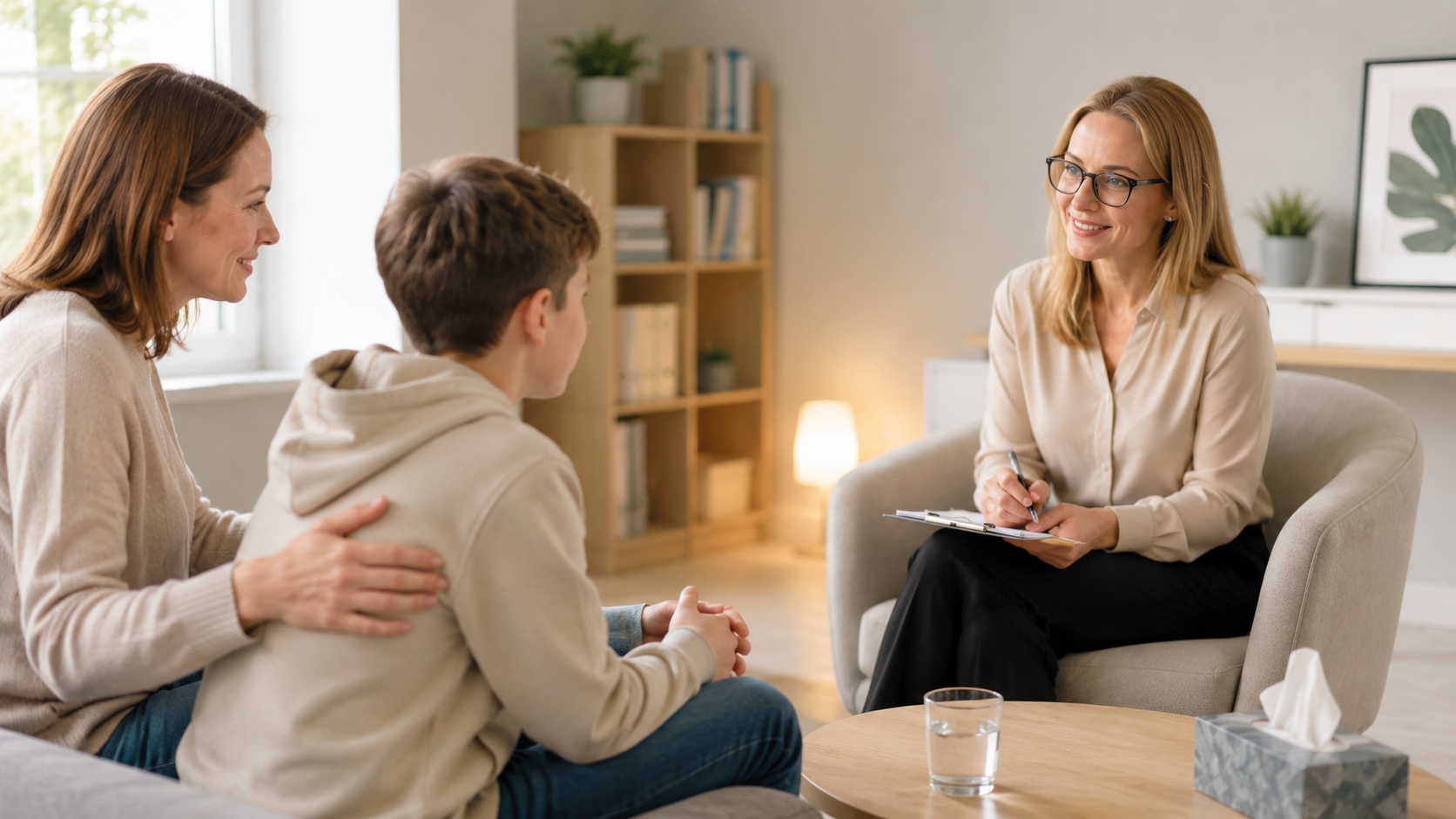 Mama z dzieckiem podczas spokojnej konsultacji z psychologiem.